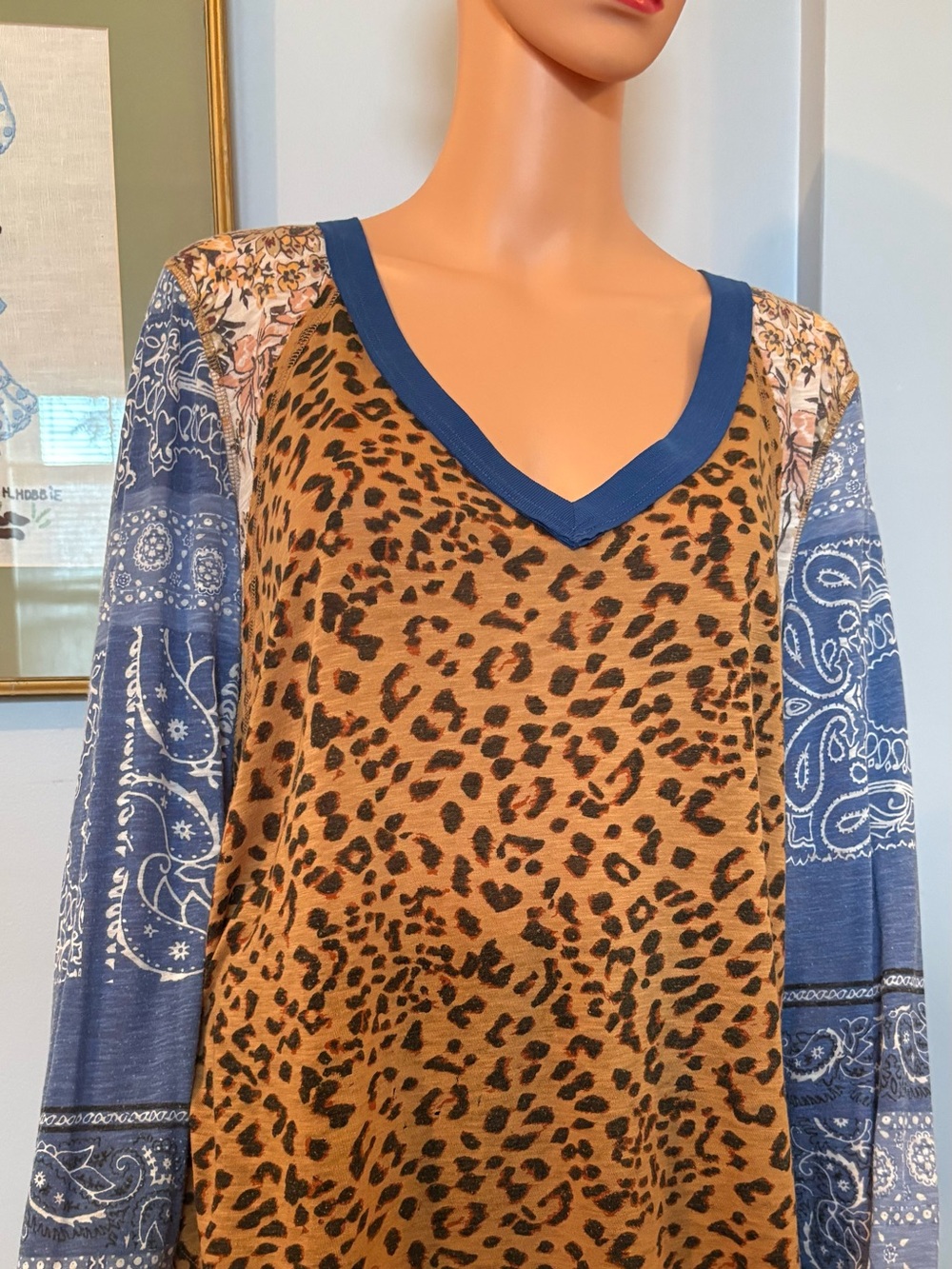 We The Free Leopard Print V-Neck long sleeve tee with Blue Bandana Sleeves